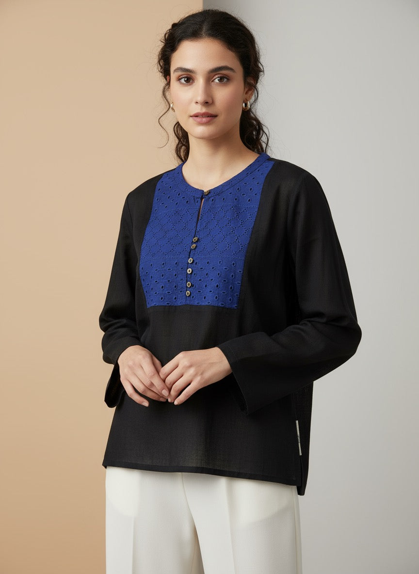 Black Blouse with Blue Eyelet Yoke and Buttons