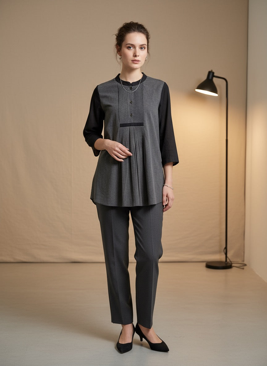 Elegant Black & Grey Pleated Tunic Blouse