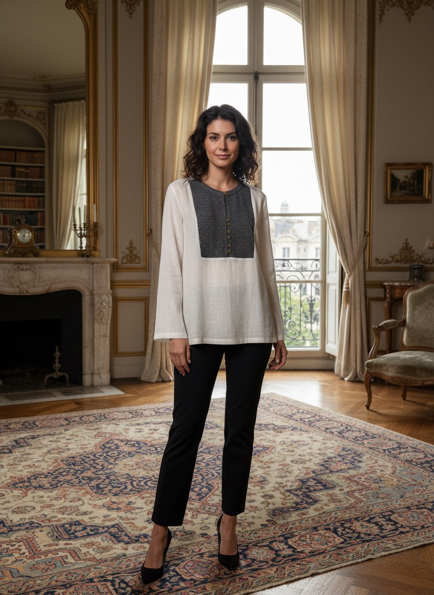 Elegant White Blouse with Contrast Yoke and Buttons