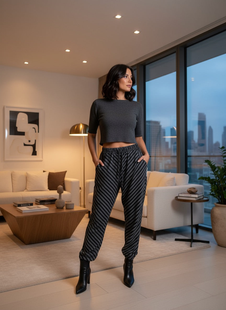 Chic Black & Grey Striped Lounge Joggers