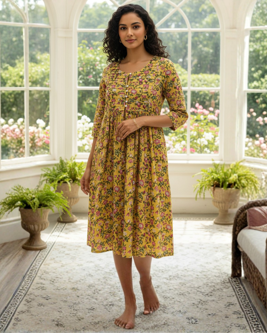 The Canesú Yoke Detail Cotton Dress for Women | Relaxed Silhouette | Effortless Fall/Winter Style